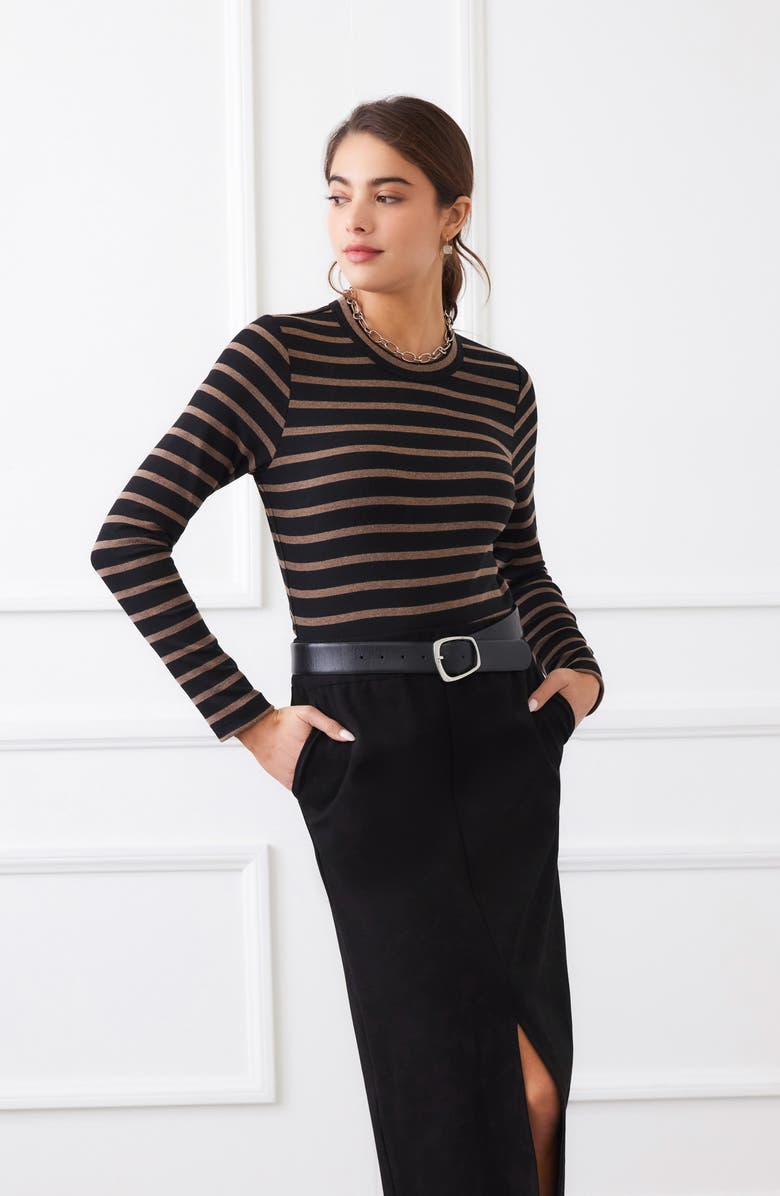 Karen Kane Stripe Crewneck Long Sleeve Top, Alternate, color, Black Brown