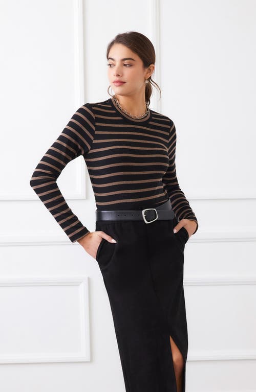 Karen Kane Stripe Crewneck Long Sleeve Top In Brown