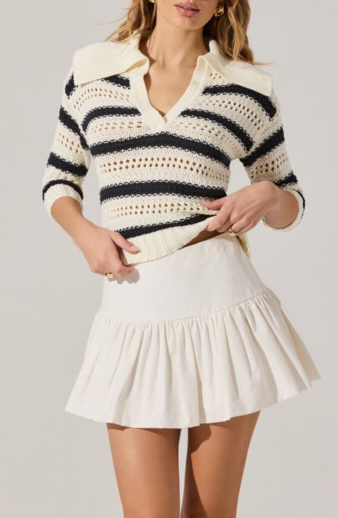 Stripe Open Stitch Cotton Blend Polo Sweater