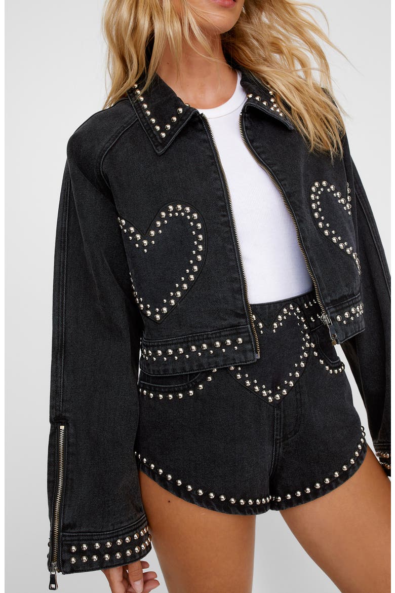 Heart Studded Crop Denim Jacket, Alternate, color, WASHED BLACK