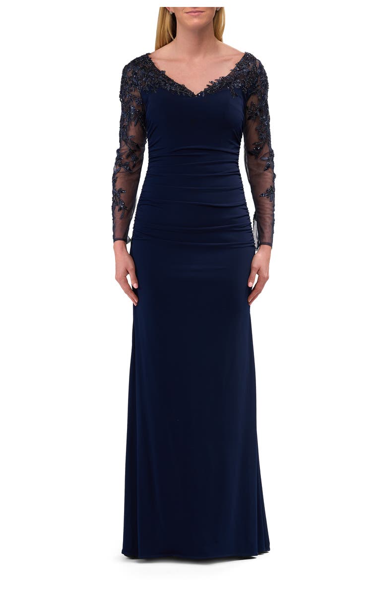 La Femme Elegant Evening Jersey Dress with Illusion Lace Sleeves, Main, color, Navy