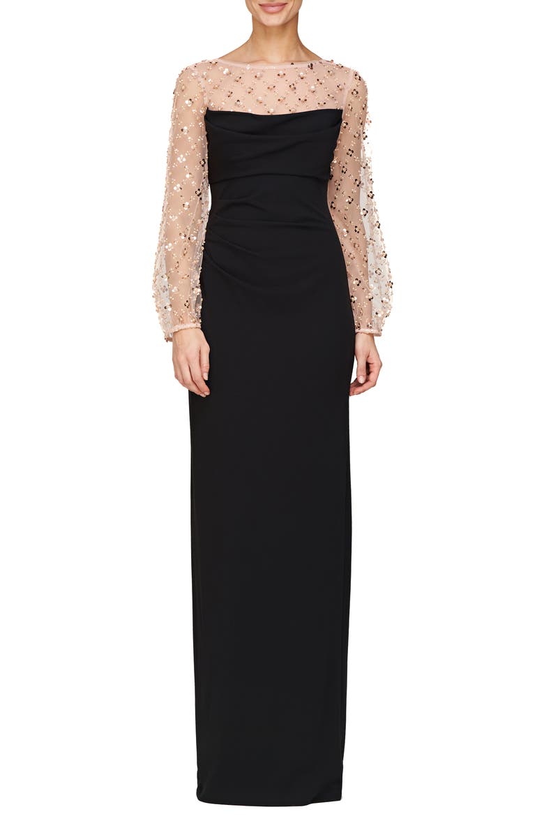 JS Collections Risha Metallic Floral Appliqué Detail Long Sleeve Crepe Column Gown, Main, color, 
