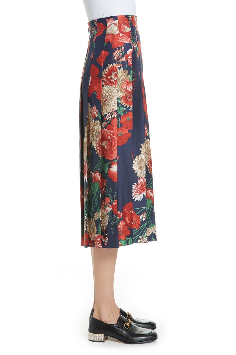 Spring Bouquet Print Silk Pleated Skirt, Alternate, color, BLUE/ RED PRINT