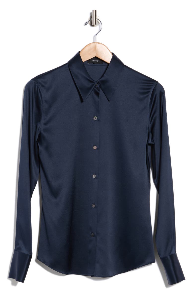 Theory Perfect Fitted Stretch Silk Button-Up Shirt, Main, color, Deep Arctic Teal