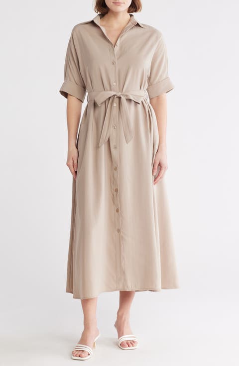 Peach Skin Roll Sleeve Shirtdress