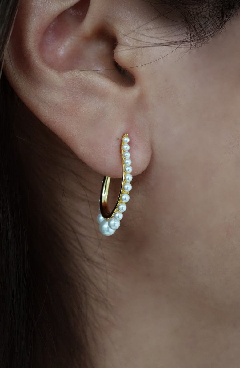 Argento Vivo Sterling Silver Faux Pearl Hoop Earrings, Alternate, color, Gold