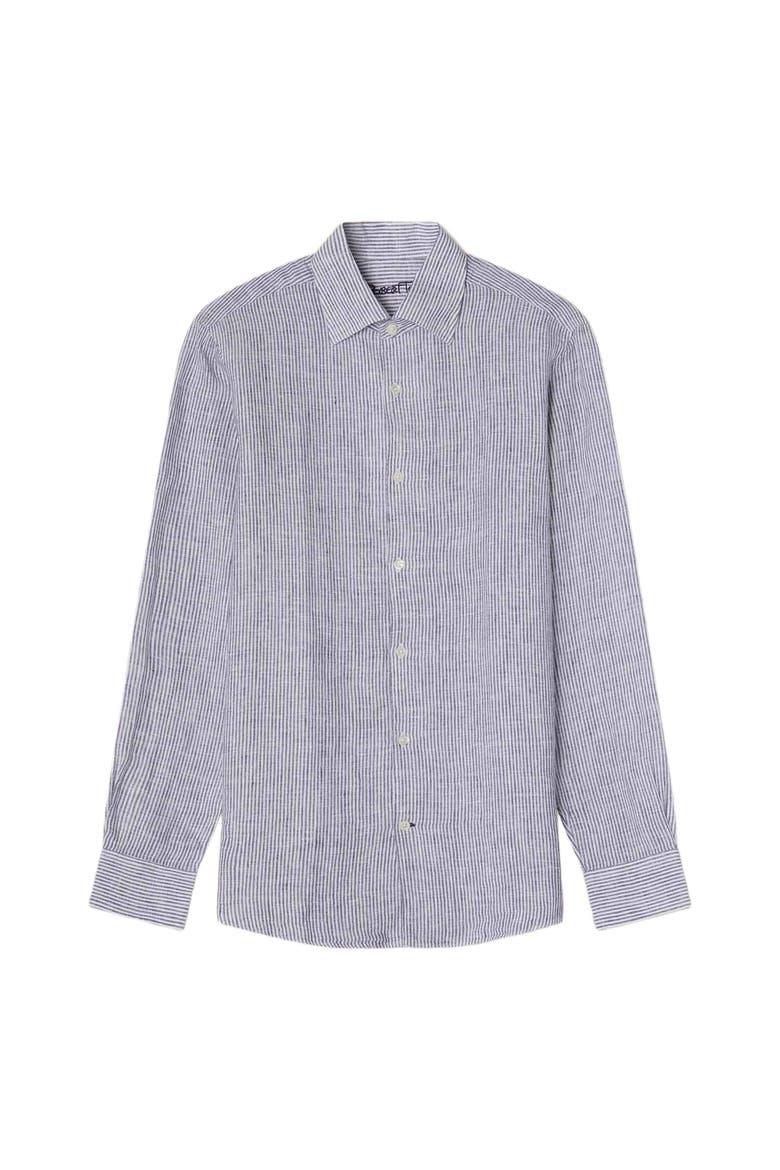 Morgan Medium Stripe Linen Shirt, Alternate, color, Navy