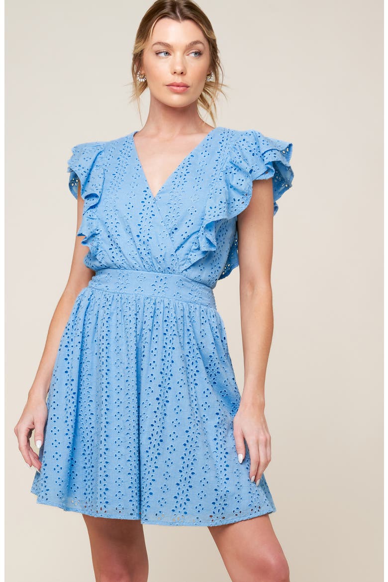 Ruffle Embroidered Eyelet Cotton Fit & Flare Dress, Alternate, color, POWDER BLUE