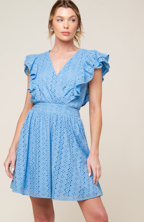 Flying Tomato Ruffle Embroidered Eyelet Cotton Fit & Flare Dress In Powder Blue