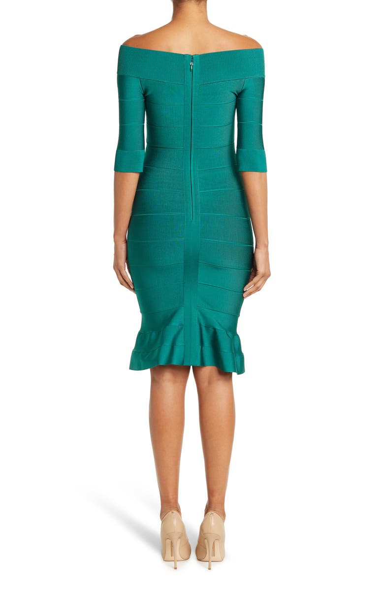 Herve Leger Boat Neck Banded Godet Flared Hem Dress, Alternate, color, 