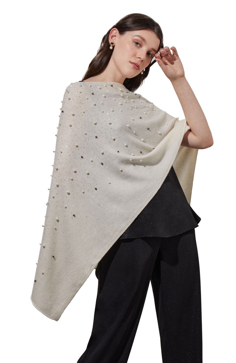 Ming Wang Imitation Pearl & Bead Detail Wool & Cashmere Poncho, Alternate, color,