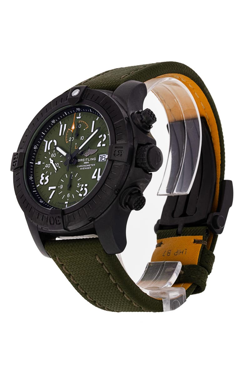Watchfinder & Co. Breitling Preowned 2021 Avenger Chronograph Night Mission V13317 Canvas Strap Watch, 45mm, Alternate, color, Green