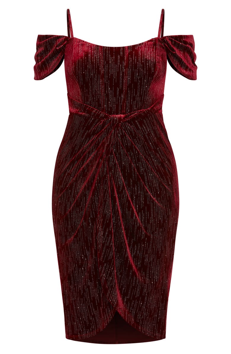 City Chic Jayla Glitter Stripe Cold Shoulder Velour Cocktail Dress, Alternate, color, Berry