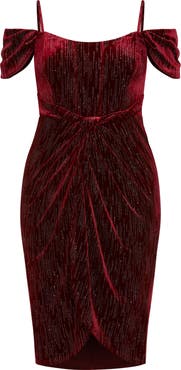 City Chic Jayla Glitter Stripe Cold Shoulder Velour Cocktail Dress