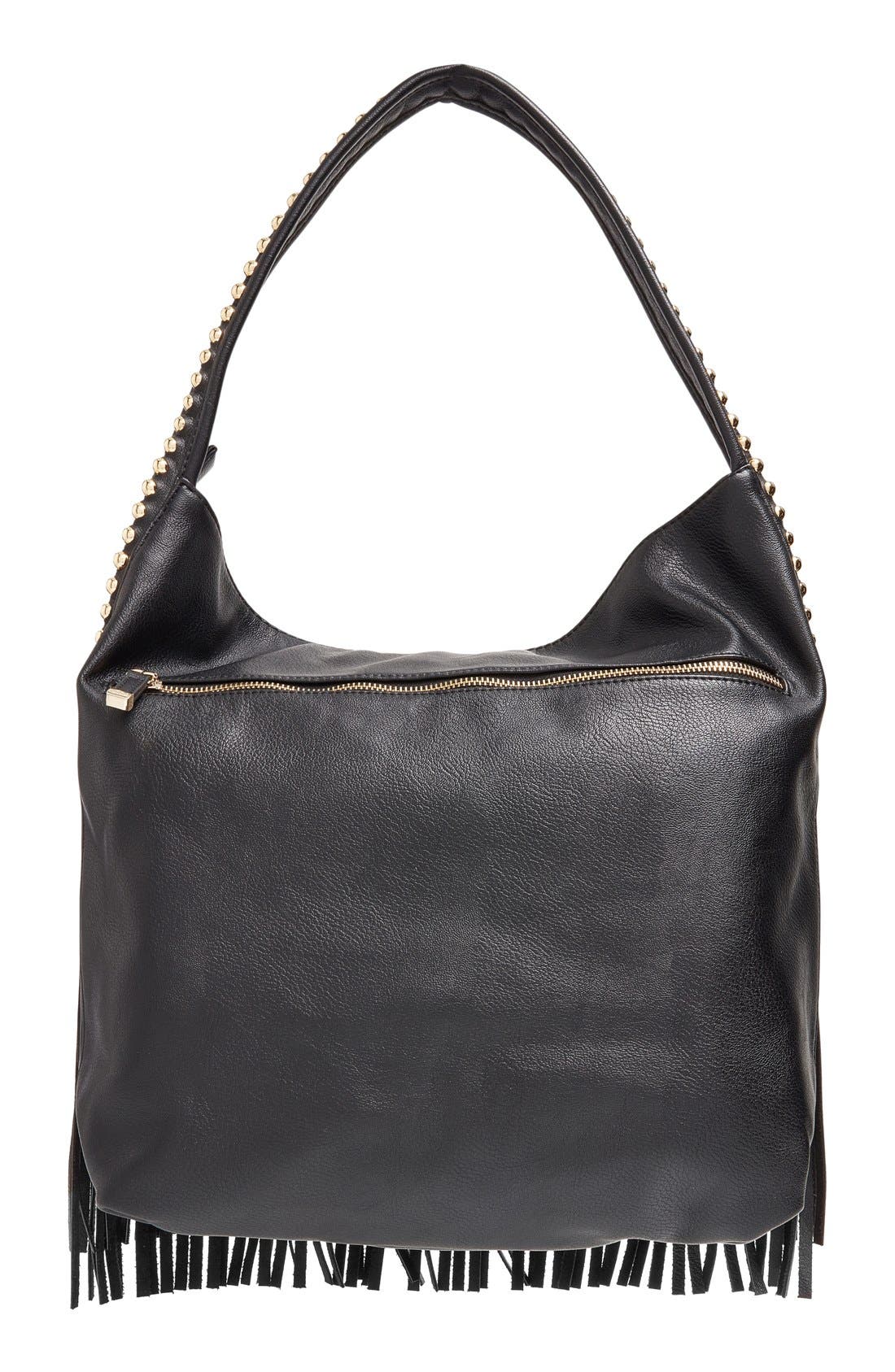 'JGiada' Fringe Faux Leather Ball Hobo, Alternate, color, BLACK