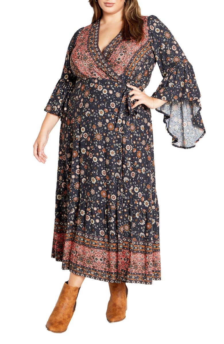 City Chic Floral Border Print Wrap Front Maxi Dress, Main, color, 