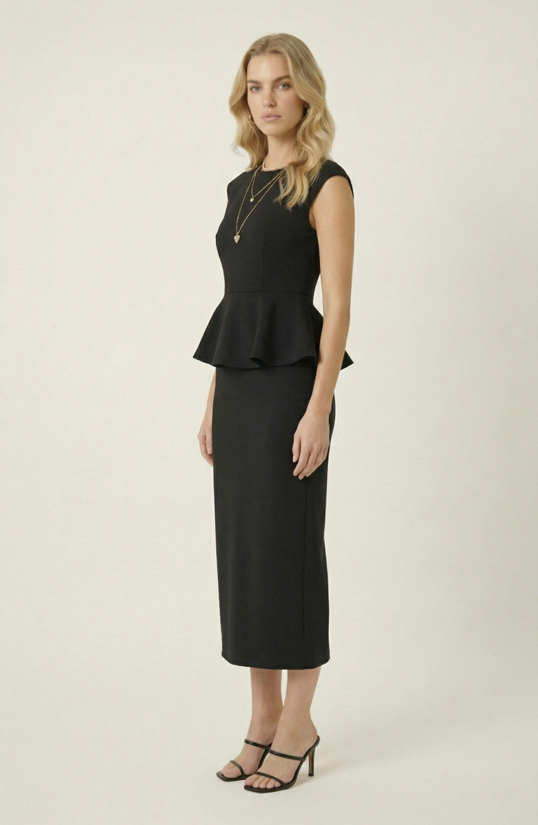 Modenaire Sleeveless Peplum Top & Tailored Midi Skirt Set, Alternate, color, Black