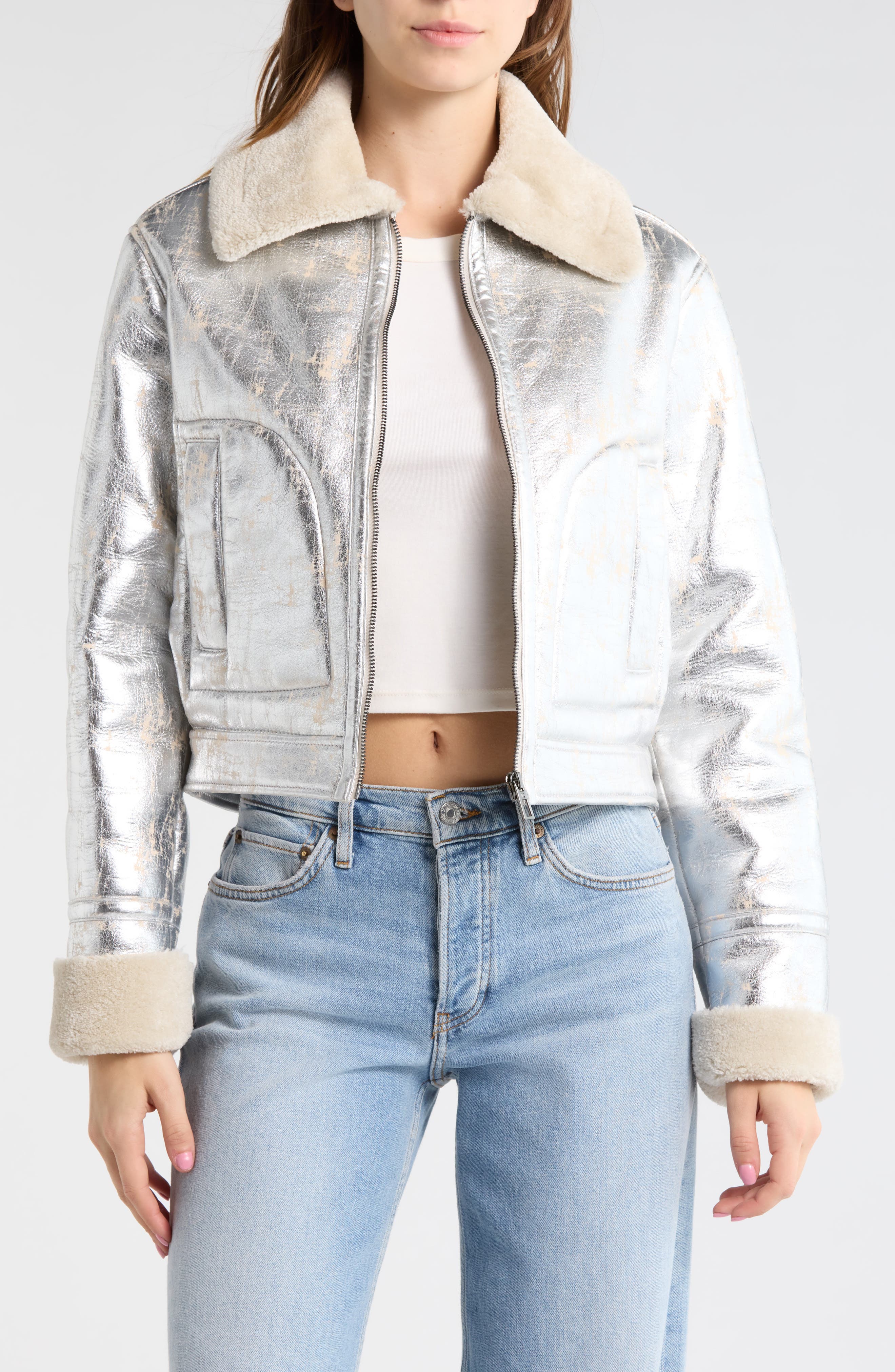 Desigual Faux Shearling Trim Faux Leather Bomber Jacket