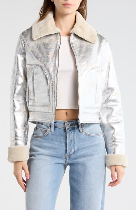 Faux Shearling Trim Faux Leather Bomber Jacket
