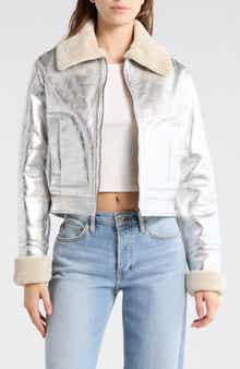 Desigual Faux Shearling Trim Faux Leather Bomber Jacket