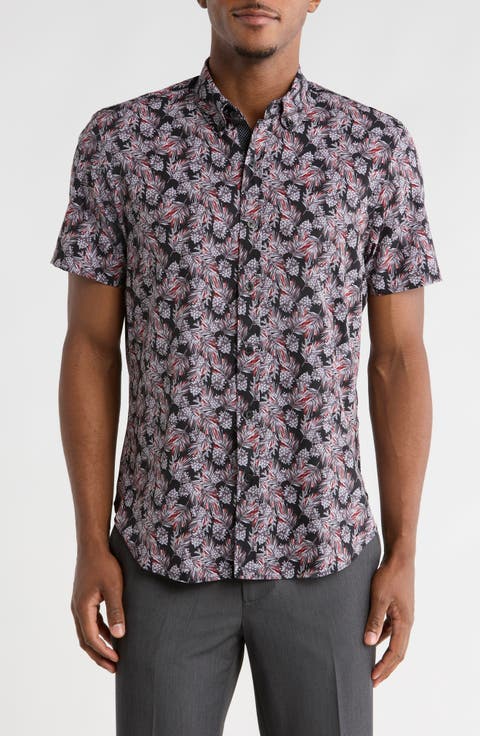 Slim Fit Pine Cone Print 4-Way Stretch Short Sleeve Shirt