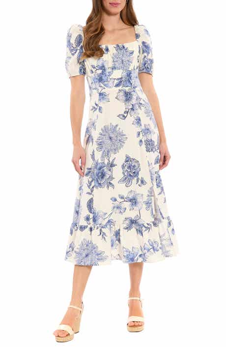 London Times Puff Sleeve Empire Waist Midi Dress