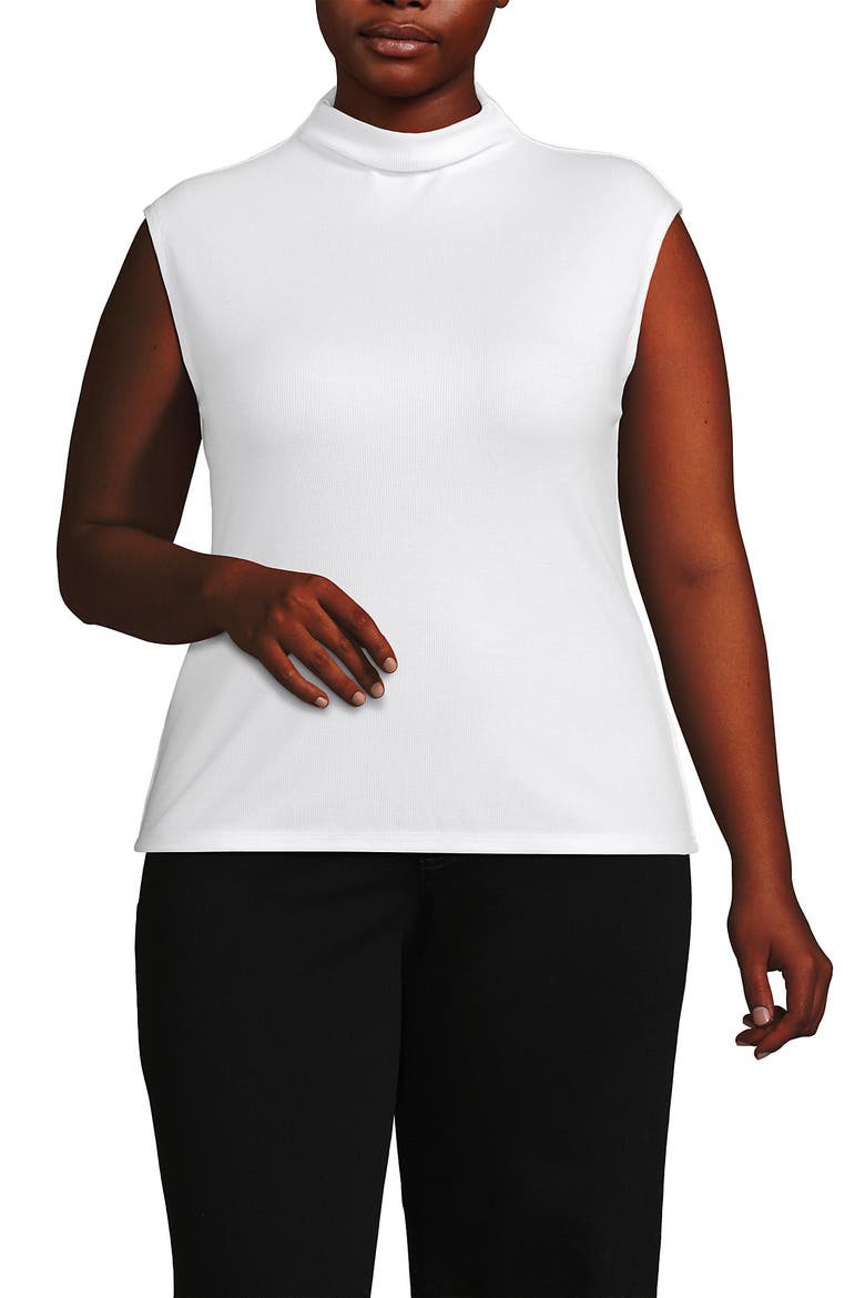 Plus Size Cap Sleeve Drapey Rib Fitted Funnel Neck Tank, Main, color, White