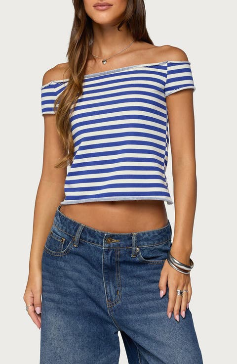 Striped French Terry Off the Shoulder Top