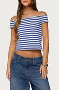 EDIKTED Striped French Terry Off the Shoulder Top