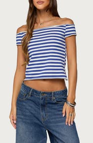 EDIKTED Striped French Terry Off the Shoulder Top