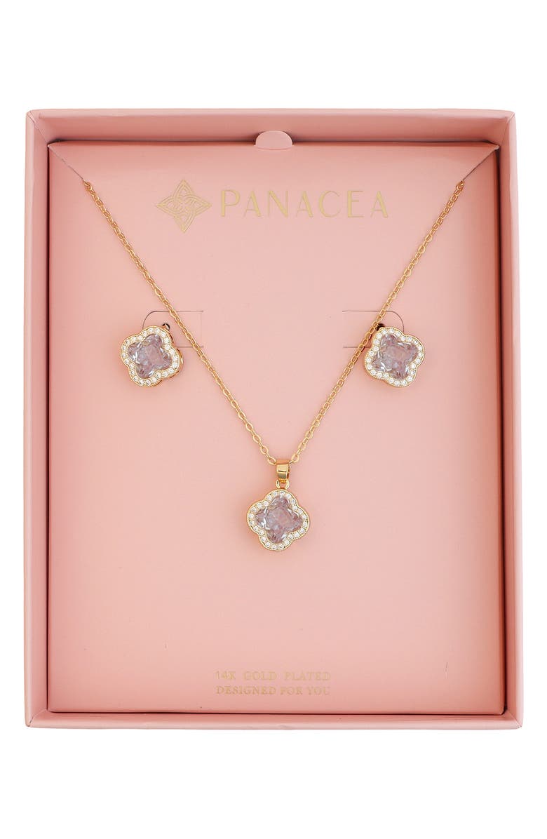 Panacea Crystal Clover Halo Stud Earrings & Pendant Necklace Set, Main, color, Silver