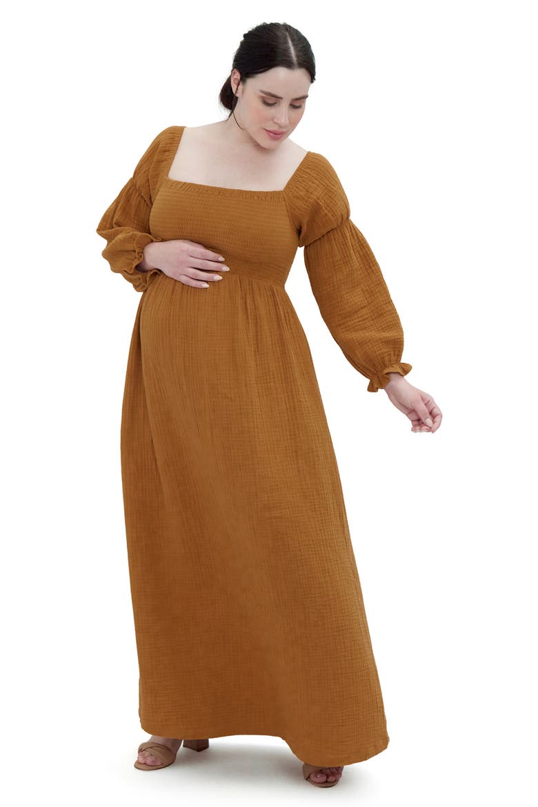 Ingrid & Isabel® Smocked Long Sleeve Maternity Maxi Dress, Alternate, color, GOLDEN BROWN