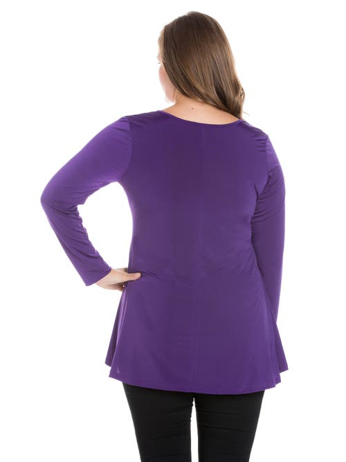 24seven Comfort Apparel Plus Size Flared Long Sleeve Henley Tunic Top In Purple