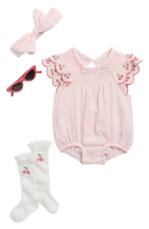 Cherry Stripe Gauze Bubble Bodysuit, Socks, Headband & Sunglasses Set (Baby)