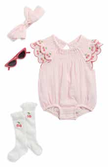Rachel Zoe Cherry Stripe Gauze Bubble Bodysuit, Socks, Headband & Sunglasses Set
