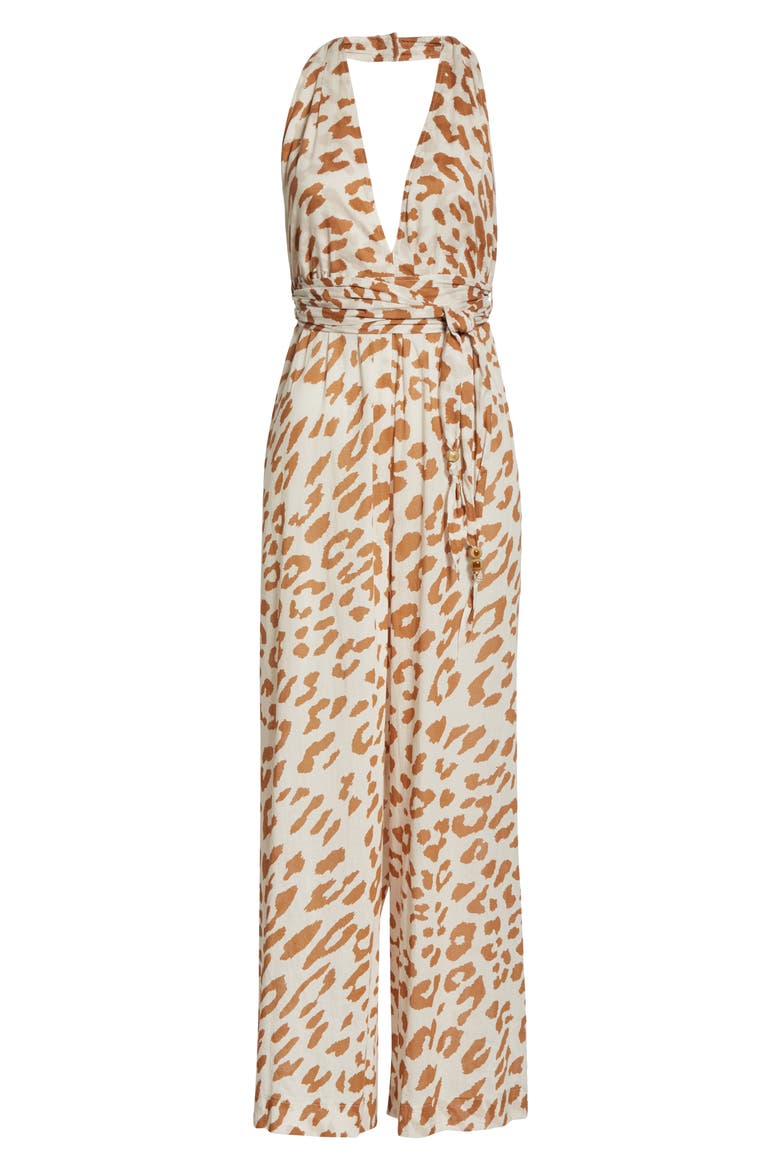 Alayna Ocelot Print Organic Cotton Halter Jumpsuit, Alternate, color, OCELOT