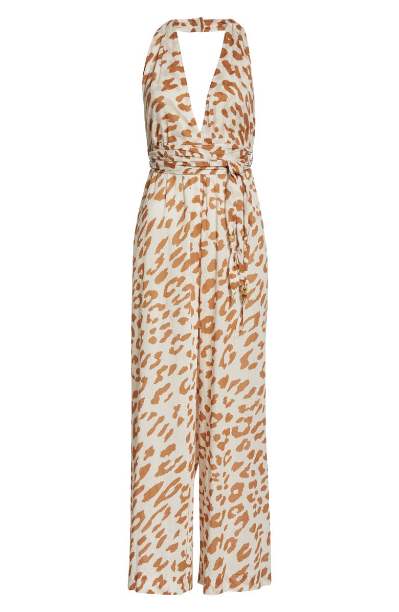 Nanushka Alayna Ocelot Print Organic Cotton Halter Jumpsuit, Alternate, color, 