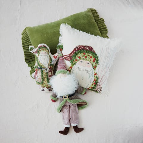 Santa Embroidered Cotton Slub Pillow with Festive Fringe