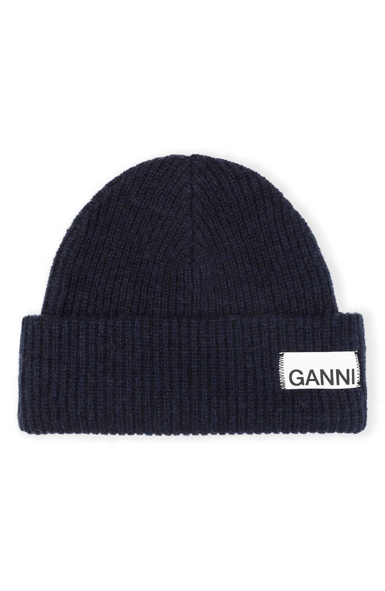 Ganni Ribbed Wool Blend Beanie, Main, color, 