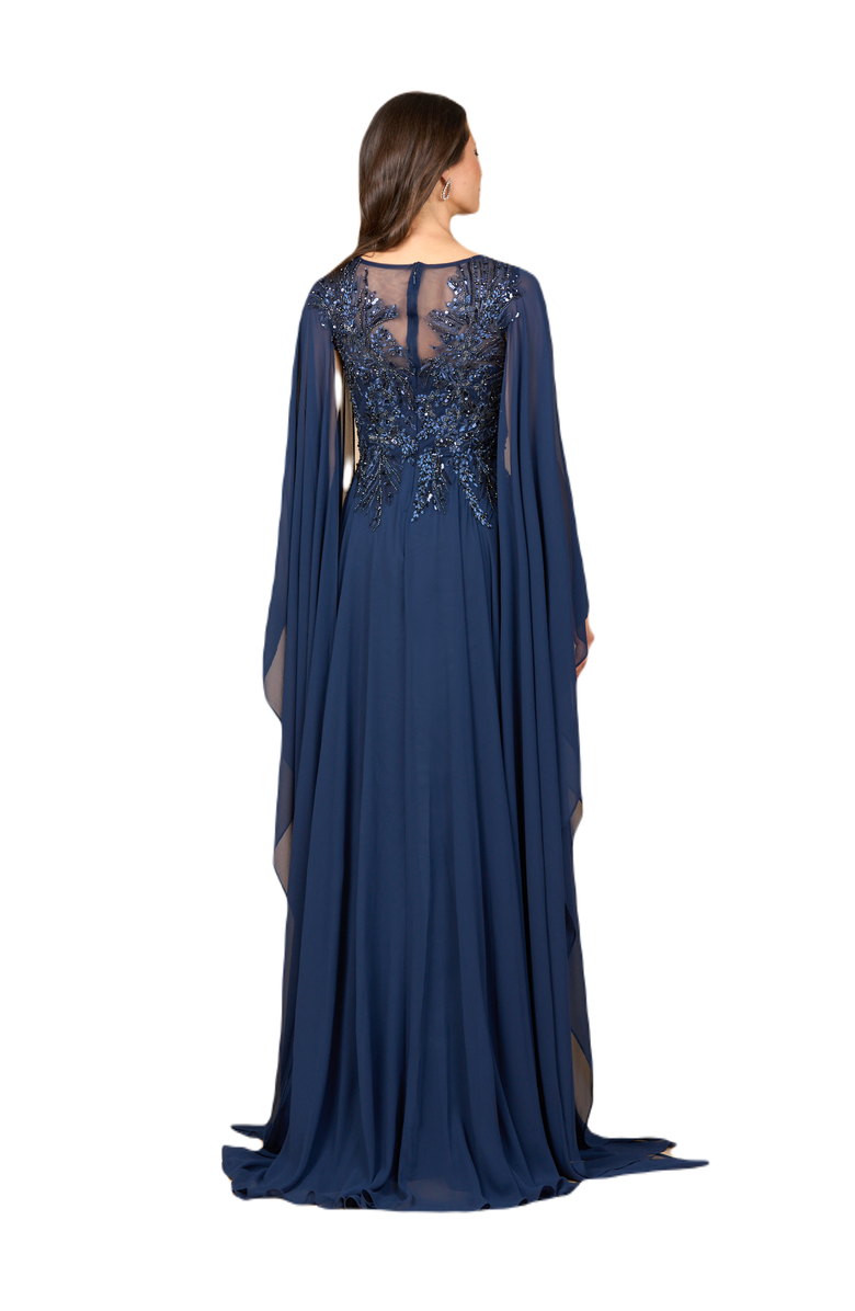 LARA New York Chiffon A - line Long Gown with Cape Sleeves, Alternate, color, Navy