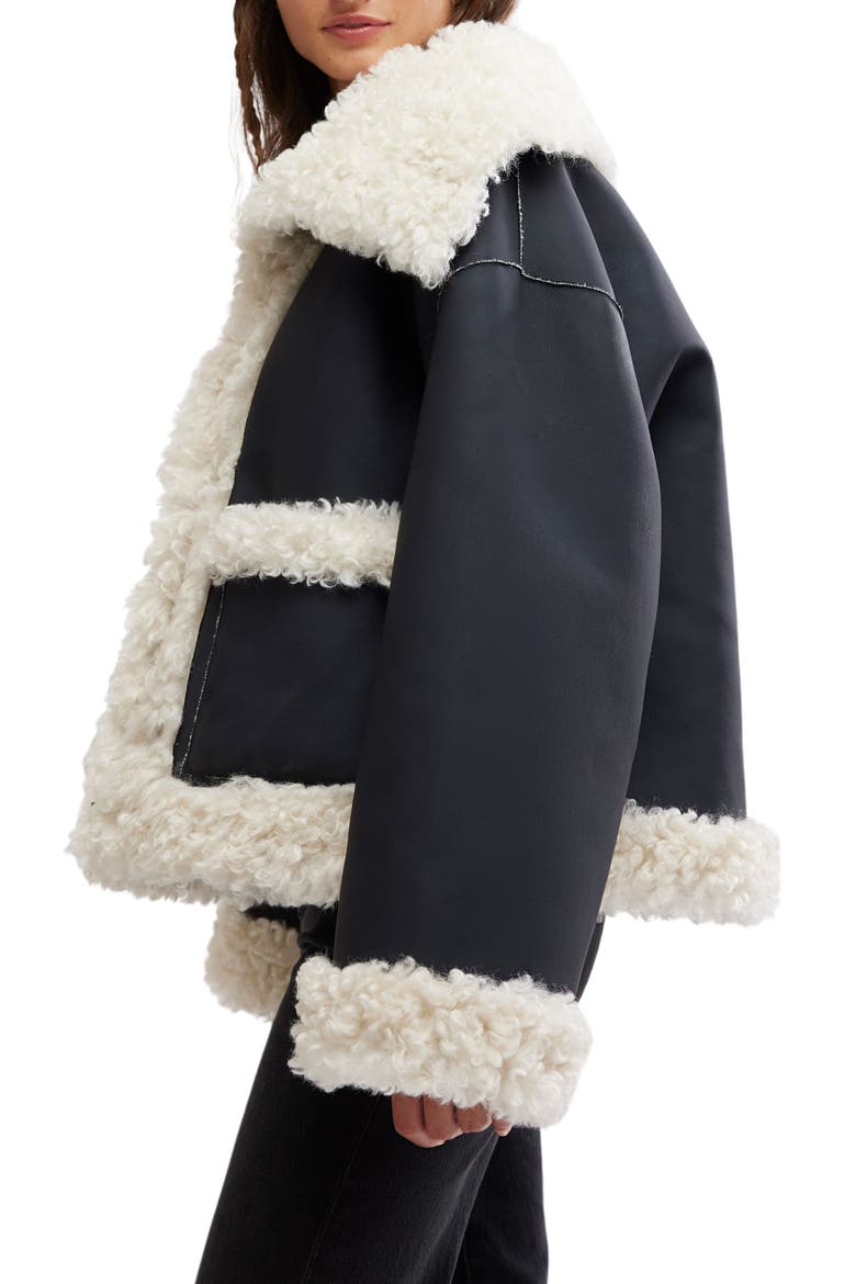 Kiki Faux Leather Jacket with High Pile Fleece Trim, Alternate, color, BLACK COMBO