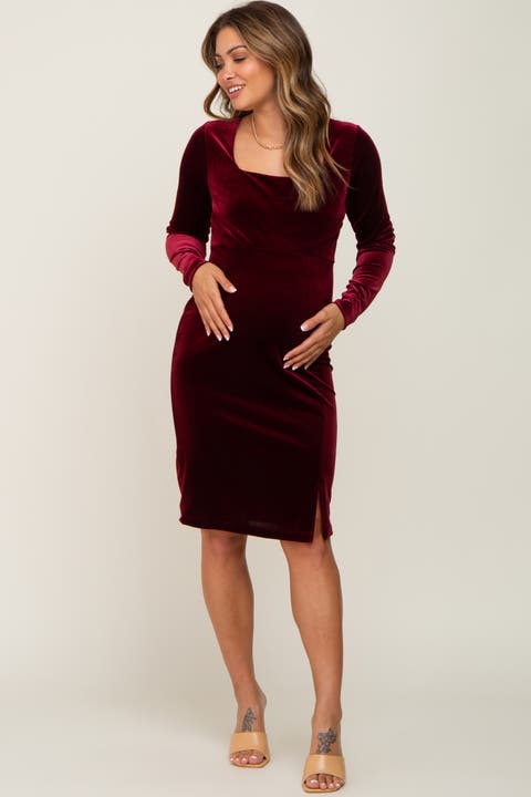 Velvet Long Sleeve Side Slit Dress