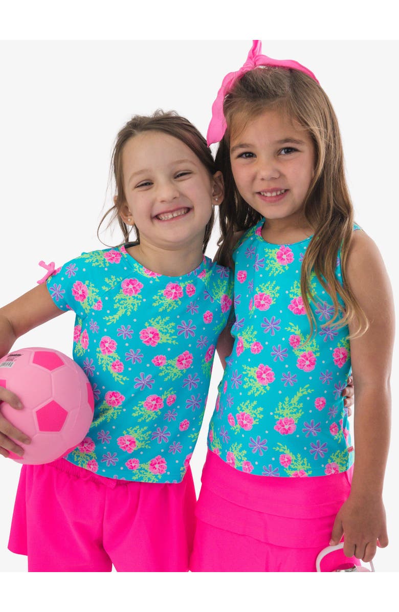 RuffleButts Girls UPF50+ Active Tank Top, Alternate, color, Neon Happy Hibiscus