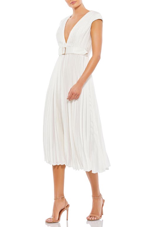 Mac Duggal Pleated Cap Sleeve Belted A-line Midi Dress In White