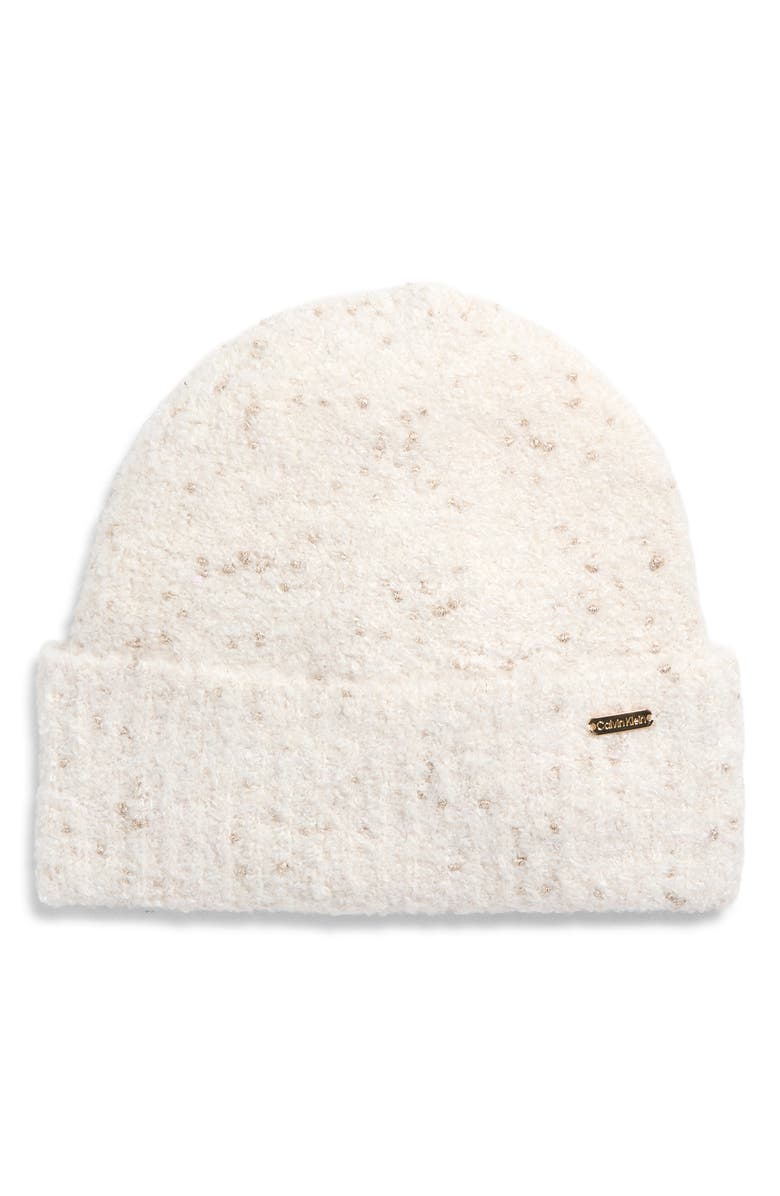 Calvin Klein Metallic Knit Cuffed Beanie, Main, color, Cream