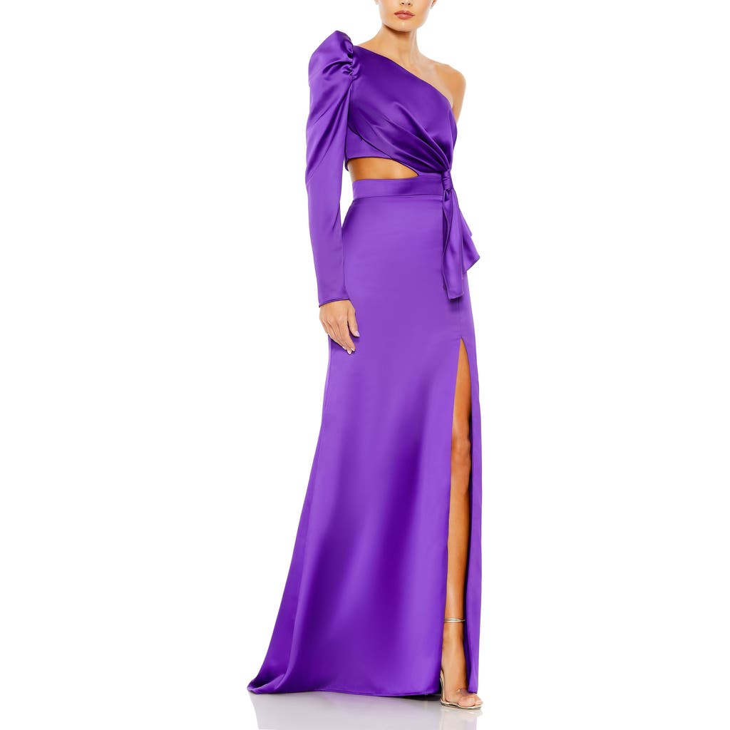 Mac Duggal Side Knot One-sleeve Puff Cutout Evening Dress In Purple