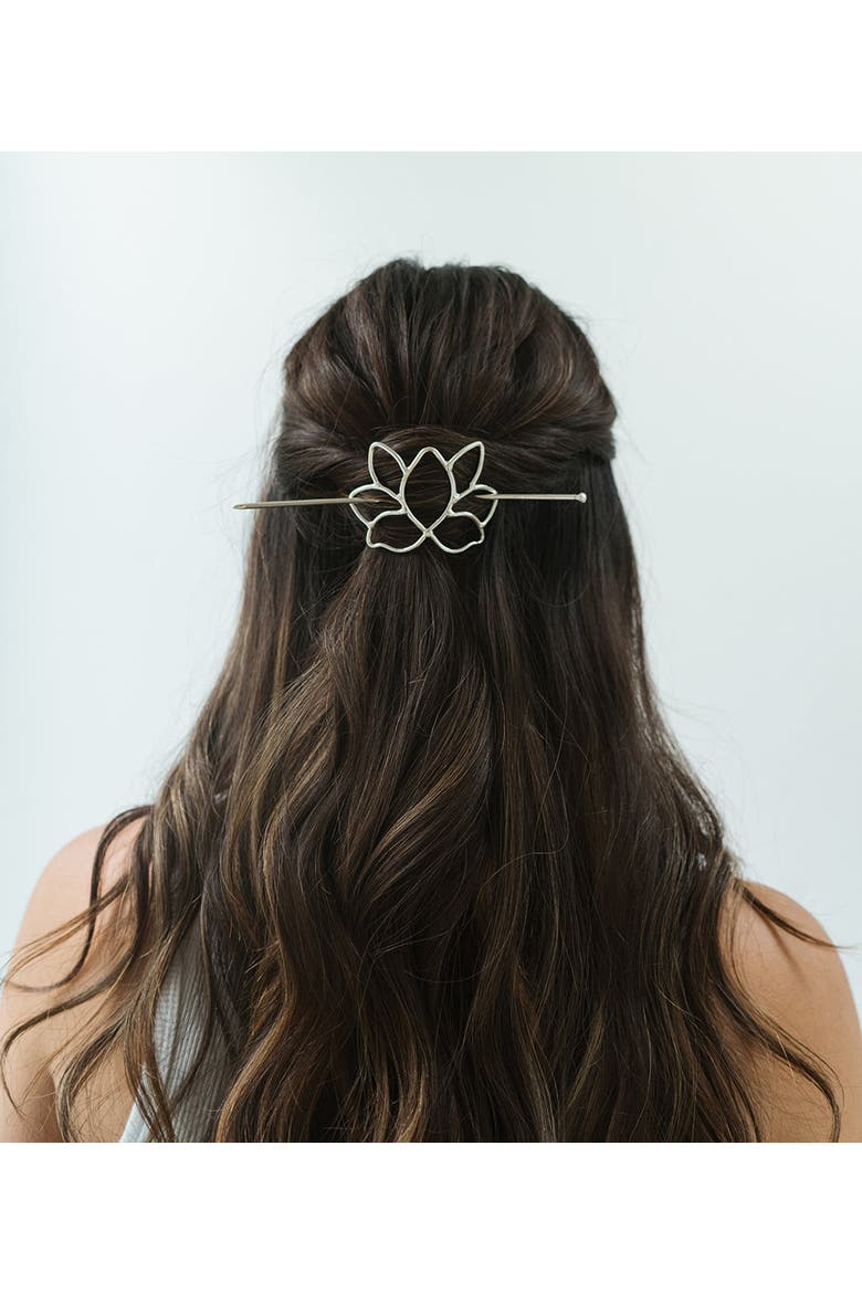 Kairavini Lotus Hair Slide with Stick, Alternate, color, Metallic Silver