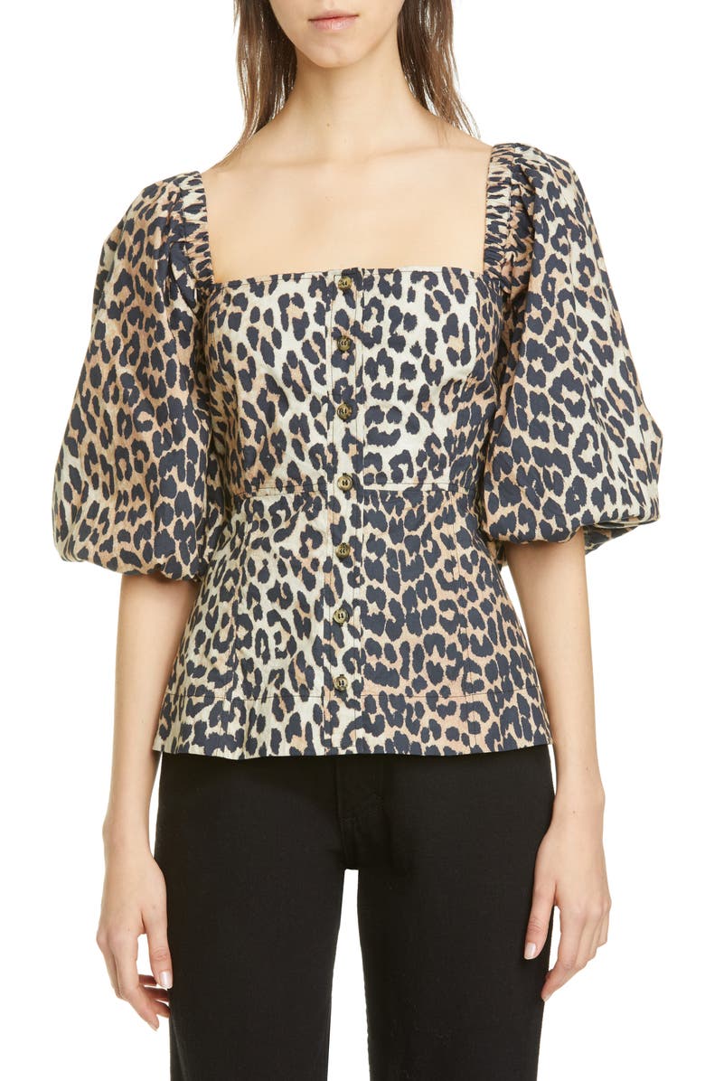 Ganni Leopard Print Puff Sleeve Blouse, Main, color, 