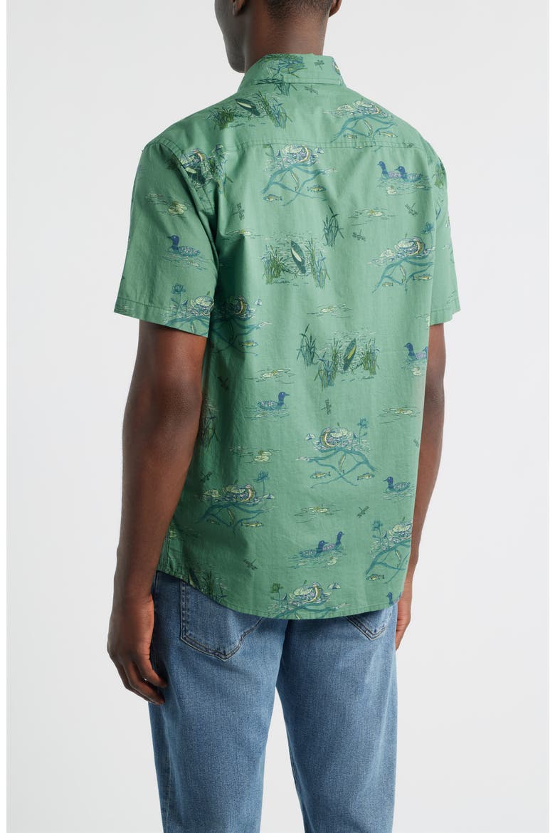 Shoreline Nature Print Short Sleeve Cotton Button-Up Shirt, Alternate, color, LAKESIDE GREEN