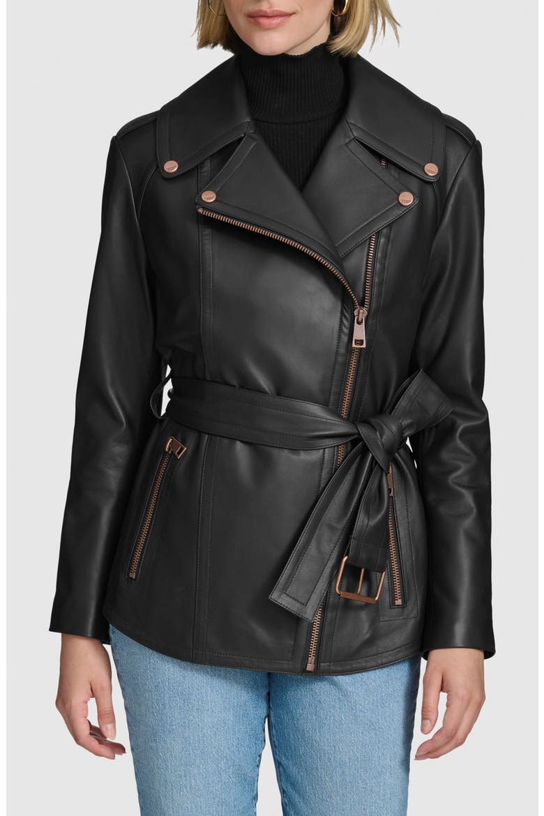 Delphine Belted Leather Jacket, Main, color, BLACK